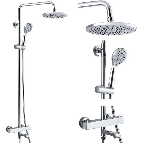 Wall Mount Exposed Shower System with Tub Spout 8 Inch Round Shower Head Adjustable Handheld Sprayer Bathroom 3 Function Thermostatic Shower System Polished Chrome