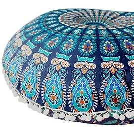 32" Mandala Large Floor Pillow Cover Meditation Cushion Seating Throw Hippie Round Colourful Decorative Bohemian Accent Boho Chic dog bed Indian Pouf Ottoman Handmade COVER ONLY (Peacock-Blue)