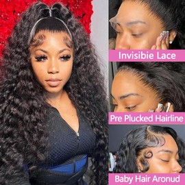 MMFZPHEIR 34Inch Water Wave Lace Front Wigs Human Hair 200 Density 13x6 HD Lace Front Wigs Pre Plucked Glueless Curly Human Hair Wigs For Women Water Wave Frontal Wigs