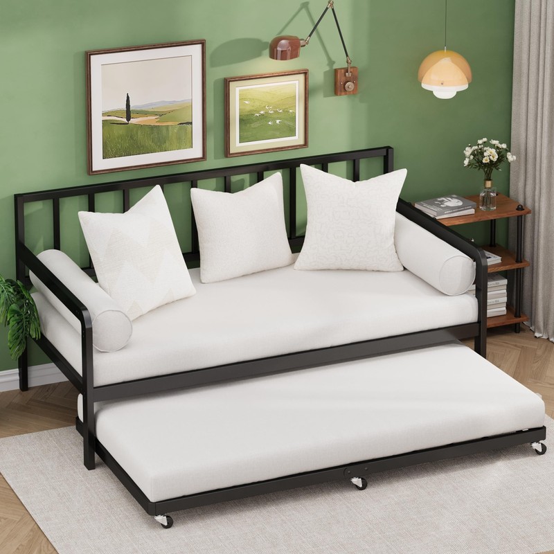 Lutown-Teen Twin Trundle Bed Frame with Metal Slats, Roll-Out Design,