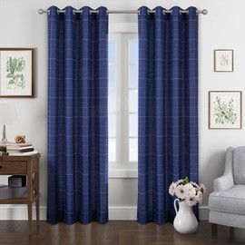 always4u Linen Look Plaid Curtains Modern Navy Blue Check Curtain for Living Room Bedroom 84 Inches Long Grommet Farmhouse Window Drapes Set of 2