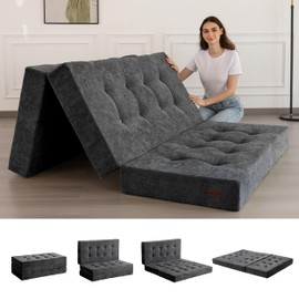 MAXYOYO Tri-Fold Mattress, 6 Inch Tufted Folding Mattress with Chenille Fabric, Portable Twin Size Floor Guest Mat for Adults, Foldable Topper for Camping, Dark Grey, 35.4"x75"