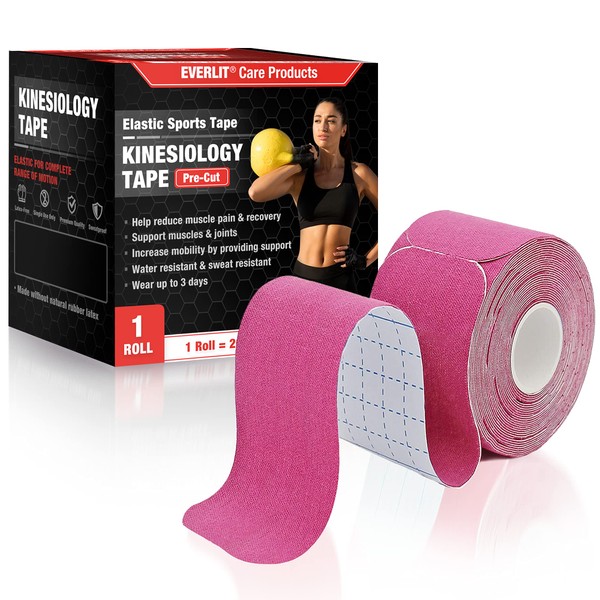 EVERLIT [Single] Pre-Cut Elastic Cotton Kinesiology Therapeutic Athletic Sports Tape, for Pain Relief and Support, 20 Precut 10” Strips (Pink)