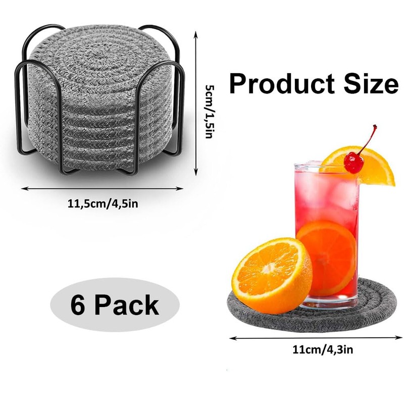 Dark Gray Drink Coasters Set of 6 with Holder Absorbent