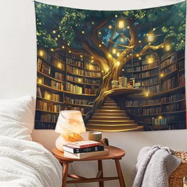 Jhdstore Tree of life Tapestry Wall Hanging Fantasy Library Tapestry for Bedroom Mysterious Tree Bookshelf Tapestries Room Decor 36"x48"