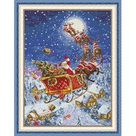 Gofission 14ct Stamped Cross Stitch Kits for Adults Beginners, Santa Claus on The Road DIY Pre Printed Cross Stitch Embroidery Set with Accessories Wall Decor 46x59cm (Road)