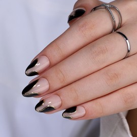 RTKHFZE French Tip Press On Nails Short - Press on Nails Almond,Short Designs Nail Tip with Gold Foil,Glue on Nails for Women,Natural Fit Reusable Stick On Nails in 16 Sizes - 32 Gel False Nails Kit