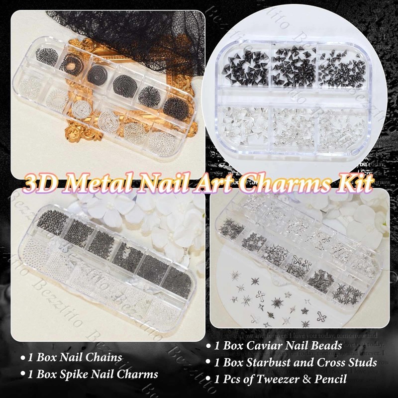 Goth Spike & Starburst Cross Nail Studs, Black Silver Beads