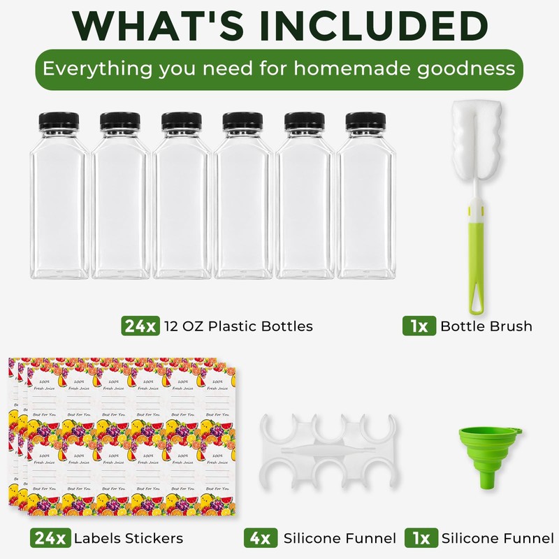 12oz Plastic Juice Bottles with Caps (24 Pack) – Reusable