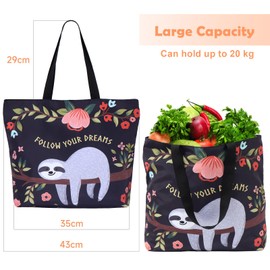 AOKSUNOVA Reusable Shopping Bags Large Foldable Grocery Bag Cute Sloth Tote Bag for School Black