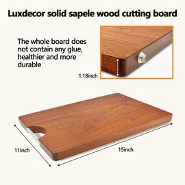 Solid Wood Cutting Board One Piece Cutting Boards Made of Entire Piece Sapele Wood, Hardwood Cutting Board Heavy Duty 15 * 11 * 1 In (No Glue)