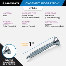 Sandbaggy Zinc Plated Flat Head Wood Screw (Phillips Drive) - Electro Galvanized (6000, #8 x 1)