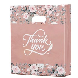 Joyhey 50 Count 9.7" x 13.7" Plastic Thank You Merchandise Bags, Shopping Retail Boutique Bags with Die Cut Handles - Pink