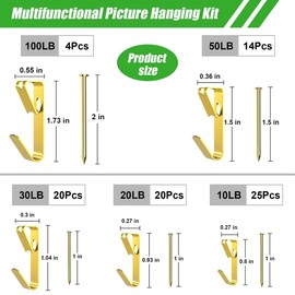 LEEXAYAH 169 Picture Hanging Kit, 10-100lb Picture Hook Sets, Boxed 83 Metal Picture Hangers and 86 Nails, Suitable for Wooden Walls, Plasterboard Picture Hooks.
