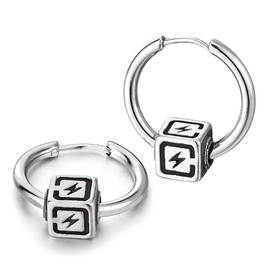 iMECTALII Men's Women's Smooth Circle Hoop Earrings with Silver Black Flash Cube Charm, Stainless Steel Huggie Ear Cuff Earrings, Metal, Non-applicable