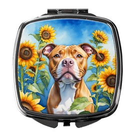 Caroline's Treasures Pit Bull Terrier in Sunflowers Compact Mirror Decorative Travel Makeup Mirror for Women Girls Gifts Pocket Makeup Mirror Folding Handheld