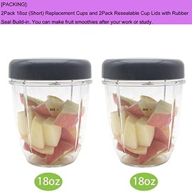 Vasos de repuesto para licuadora y tapas planas compatibles con la batidora Nutribullet Cups Blender 600W/900W, taza de 18 onzas, tapas resellables Stay-Fresh con junta, paquete de 2