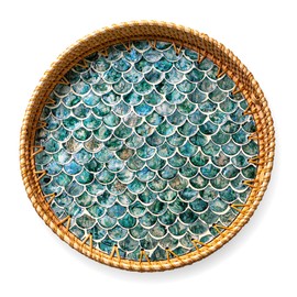 JUNGLE CULTURE Large Rattan Serving Tray 14" with Mother of Pearl Inlay • Coastal Boho Collection • Handcrafted Serving Tray with Handles • Round Woven Table Trays for Home • Wicker Basket – Cascade