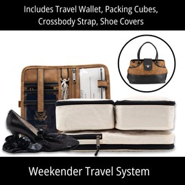 BORSALI Weekender Duffel Bag for Women with Packing Cubes, Travel Wallet, Shoe Covers, Crossbody Strap, Vegan Leather (Brown Duffel)