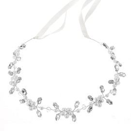 Pearls Rhinestone Flowers Headband with Streamers Flower Girl Hair Accessories Crystal Beads Wedding Headbands for Girls Women Wedding Birthday Party Photography (Silver)