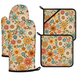Boho Floral Oven Mitts and Pot Holders Sets 4Pcs,Extra Long Oven Gloves Potholder for Kitchen Cooking Baking BBQ 100% Cotton Heat Resistant