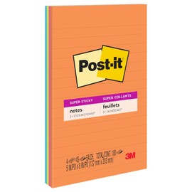 Post-it - Notas súper adhesivas, 5 x 8 pulgadas, 2 almohadillas para orejas, 2 unidades The Sticking Power, colección Rio de Janerio, colores brillantes (naranja, rosa, azul, verde), reciclables (5845