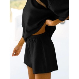 Tankaneo Womens Pajama Sets 3/4 Sleeve Oversized Tops and Elastic Waist Shorts Lounge Sets Loungewear Black