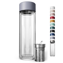 EVER VESSEL Glass Multi Tea Infuser Bottle 14oz - Double Wall Borosilicate Glass Flask | No Plastic Touches Contents | Perfect for Office or Home - Purple