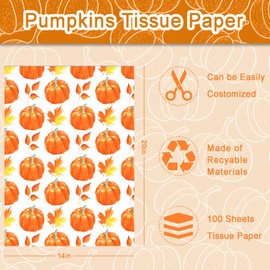 100 Sheet Pumpkin Maple Leaves Tissue Paper, Fall Pumpkin Patterns Gift Wrapping Paper for Fall Season DIY Crafts Thanksgiving Day Party Supplies, 13.8 x 19.7 Inch