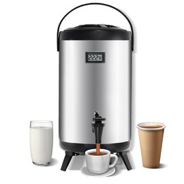 Insulated beverage Dispenser, 12L/3.2gallon 304 thickened food-grade stainless steel Hot Drink Dispenser, hot&cold water urn with thermometer faucet for hot tea&coffee, cold milk, water, juice(silver)
