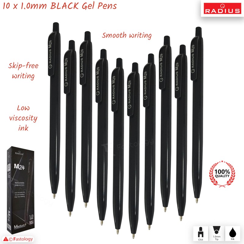Retractable Ballpoint Pens, 1.0mm Medium Point, BLACK, Pack of 10,