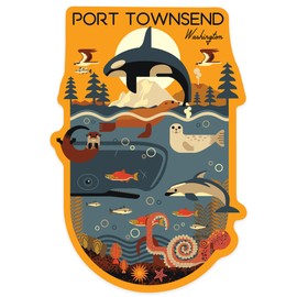 Die Cut Sticker Port Townsend, Washington, Nautical Scene, Contour Vinyl Sticker 1 to 3 inches (Waterproof Decal for Cars, Water Bottles, Laptops, Coolers), Small