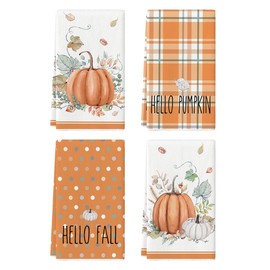 Artoid Mode Orange Watercolor Stripes Hello Pumpkin Fall Kitchen Towels Dish Towels, 18x26 Inch Leaves Decoration Hand Towels Set of 4