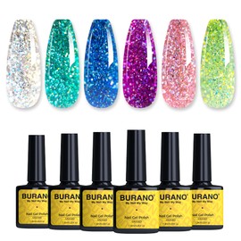 BURANO Chrome Glitter Gel Nail Polish Set - Sparkly Diamond Platinum Glitter Gel Nail Polish, Silver Pink Purple Blue Gel Polish Kit UV LED Soak Off DIY Gel G8-13