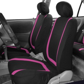 FH Group Unique Flat Cloth Full Set Car Seat Covers w. Silicone Steering Wheel Cover- Universal Fit for Most Cars, Trucks, SUVs or Vans (Pink/Black)