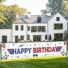 Fighter Jet Birthday Party Decorations Happy Birthday Yard Banner Top Air Force Gun Birthday Party Decor Airplane Birthday Courtyard Banner for Boys Aircraft Airplane Party Supplies