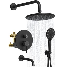 Upgraded Shower Faucet Set with Tub Spout: Aposhion 9 Inch Round Rainfall Shower System Rough-in Pressure-balanced Valve with Handheld Sprayer, Wall Mounted Bathtub Shower Faucet Kit Complete