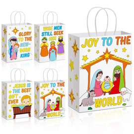 Kolldenn 16 Pcs Christmas Nativity Scene Coloring Bags Color Your Own Christian Paper Gift Bags with Handles Religious Christmas Bags Joy to The World Goodie Bag for Holy Xmas Party Favors
