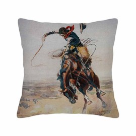 Husandy Throw Pillow Covers Vintage Wild West Cowboy On Bucking Horse Western Pillow Case 18x18 Inch Cushion Cover for Home Party