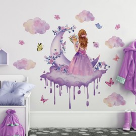 Moon Girls with Cloud Wall Decals for Girls Room, Removable Wall Stickers Wall Decor for Living Room Little Girl Bedroom, 2 Sheets 30x90cm, Purple