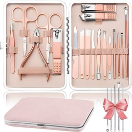 Manicura Set, 23 In 1 Kit de Manicura y Pedicure,HONGHCL Set de Manicura de Acero Inoxidable con Herramientas Remover Cutícula, Kit de Uñas y Pedicure Profesional Herramientas con Caja de Rose Cuero para Manicura y Pedicura Piel Limpia