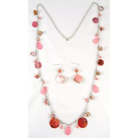 New 35" Necklace With Coral Colored Shell Discs & Matching Earrings #N2354