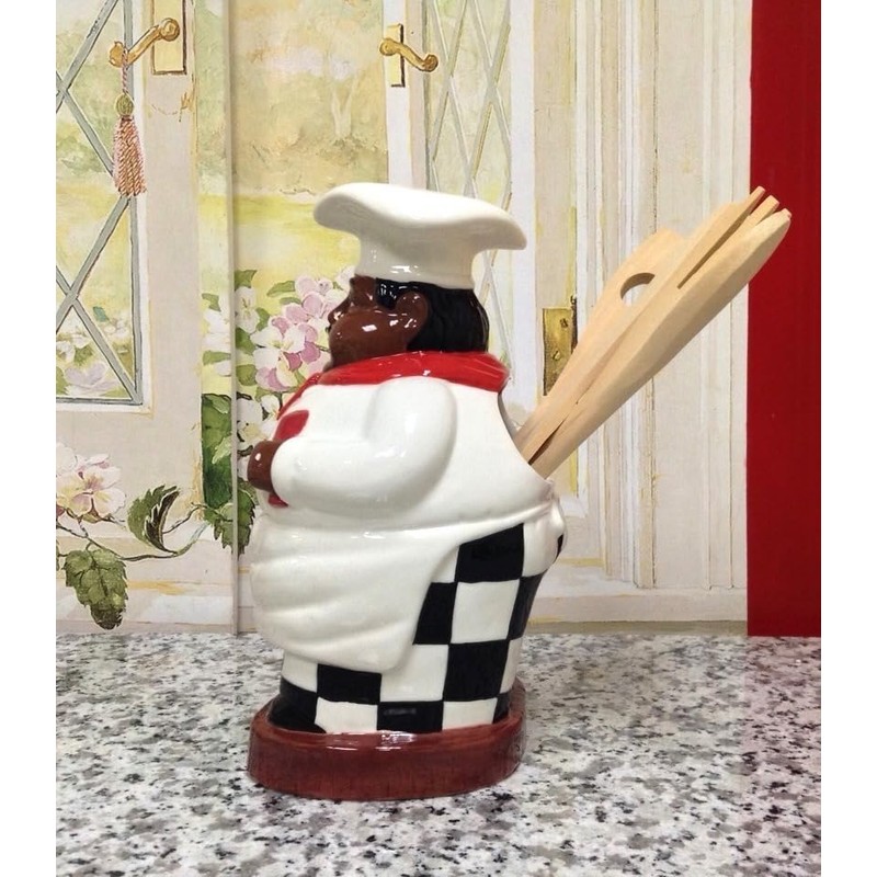 ACK Happy Bistro Chef Hand Painted Ceramic Utensil Jar, Utensil