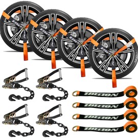 IBITION 4 Pack Car Tie Down Straps for Trailers with Heavy Duty Chain Anchors 2" x 96" - 3,300 lbs Safe Working Load -Adjustable Wheel Straps with Chain Hook Anchors for Trailers.Orange
