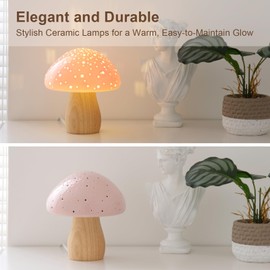 BOHON Mushroom Lamp, Ceramic Bedside Table Lamp for Bedroom Nightstand, Vintage Cute Night Light, Small Lamp for Living Room Kids Desk Home Decor Girls Mother's Day Gifts, LED Bulb Included, Pink
