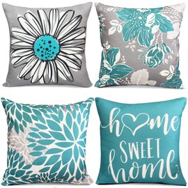 RYSMIYOU Teal Linen Decorative Throw Pillow Covers 22x22 Pillow Covers for Couch Sofa Bed Living Room Set of 4,Outdoor Pillow Covers Boho Throw Pillow Cover Square Pillowcase Farmhouse Home Decor