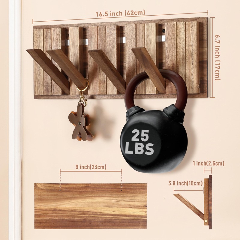 KYIAANY Wall Coat Rack for Entryway: Rustic Wooden Folding 8