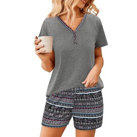 Uniexcosm Short Pyjamas Women's Cotton Two Piece Pyjamas Shorty Sleepwear V Neck Top and Printed Shorts Sleepwear for Summer, darkgray, L