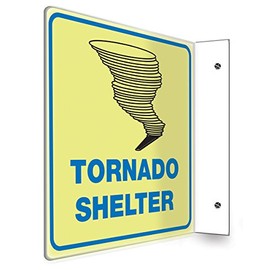 ACCUFORM Signs PSP465 Projection 90D Sign, Legend "Tornado SHELTER" with Graphic, 8 x 8-Inch Panel, 0.10-Inch Thick High-Impact Lumi-Glow Plastic, Pre-Drilled Mounting Holes, Blue/Black on Glow