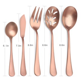 Matte Rose Gold Serving Set，SHARECOOK 5-Piece 18/0 Stainless Steel Large Hostess Set with Round Edge, Satin Finished, Dishwasher Safe -Spoons, Forks,Butter Knife& Slotted Spoon